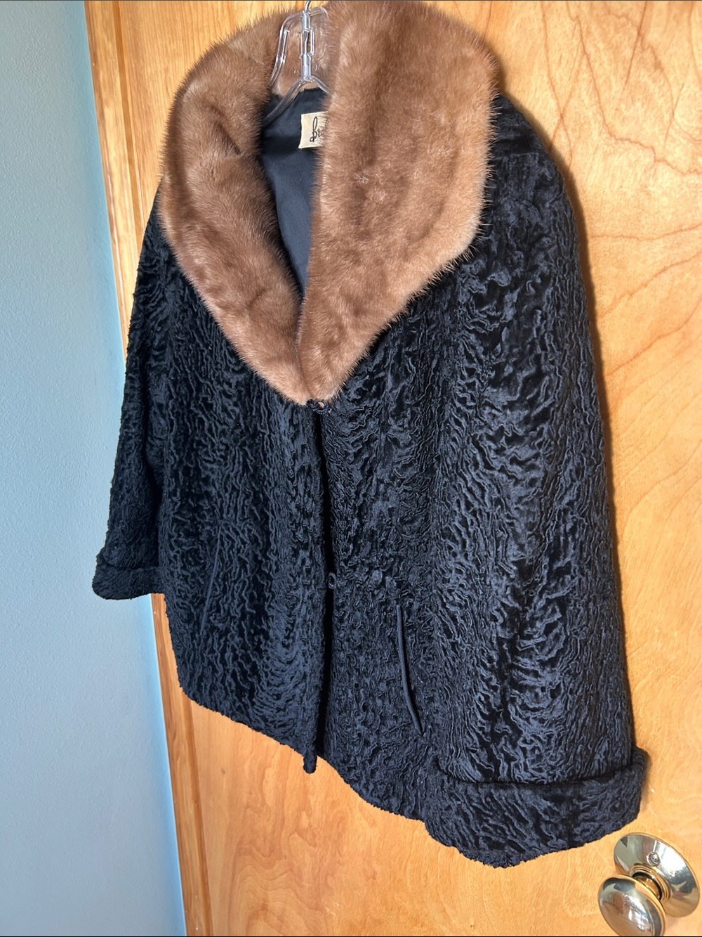 Vintage Black Persian Curly Lamb Coat Mink, Couching Embroidered Lining, 12-14